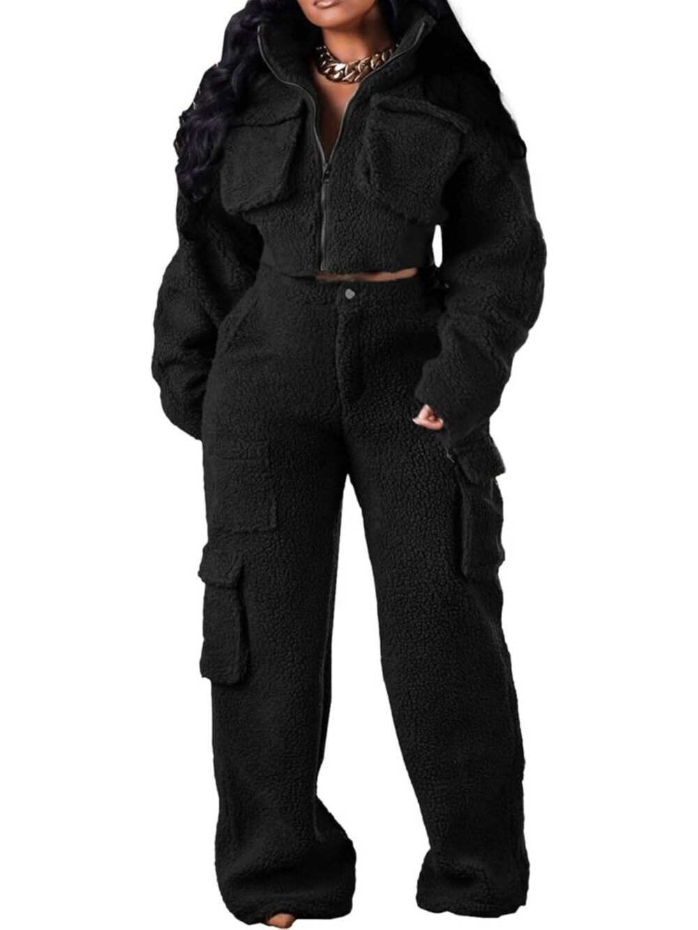 Cozy 2-Piece Fuzzy Sherpa Sweat Set for Women - Long Sleeve Zip Jacket & Cargo